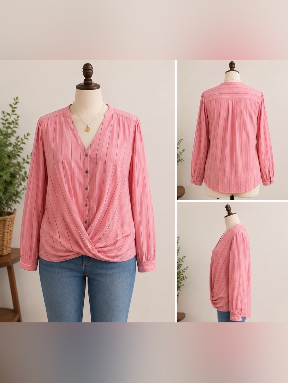 a.n.a Pink Striped V-Neck Twist Hem Blouse